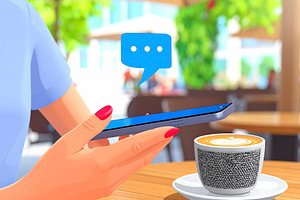 Person engages with an AI assistant on their smartphone at coffe, an Illustration by DanFLCreativo