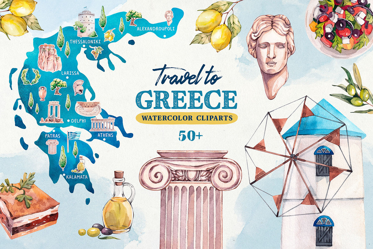 Watercolor Greece. Clipart set, an Object Illustration by VerAna (Photo 1 of 13)