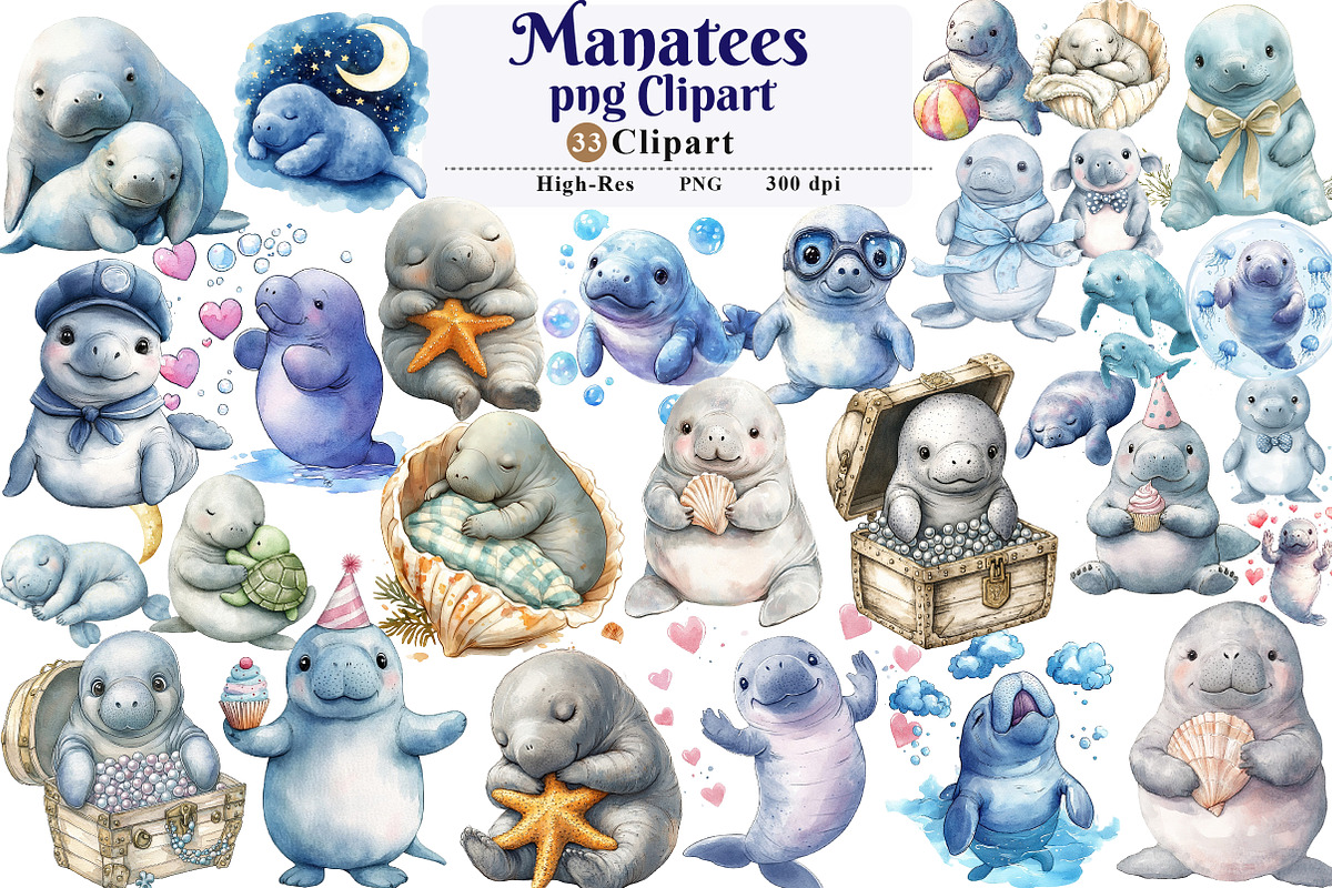 Cute Baby Watercolor Manatees png, an Illustration by Watercolor design (Photo 1 of 5)
