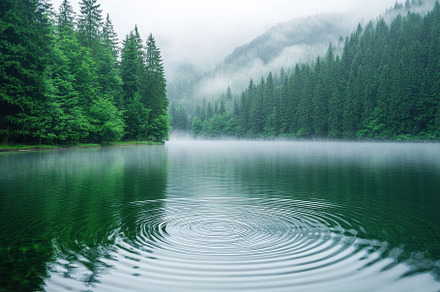 Misty lake with ripples surrounded b, a Photo by Iftikhar Alam