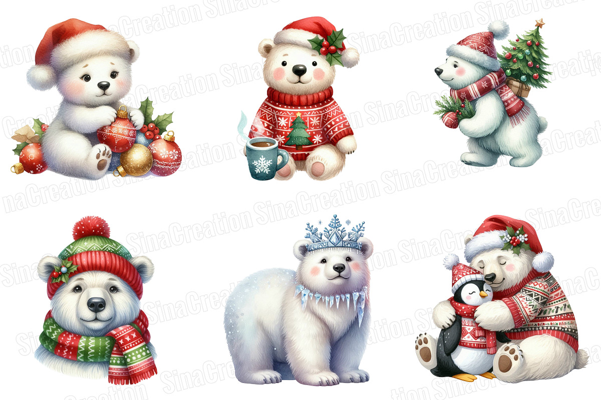 Christmas Polar Bear Clipart Bundle, an Illustration by SinaCreation (Photo 4 of 7)