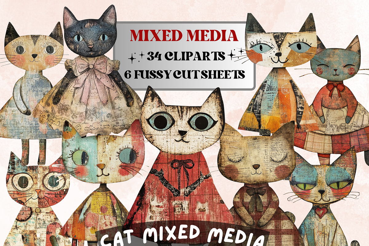 Whimsical Cat Mixed Media Clipart, a Background Graphic by GiraffeCreative (Photo 1 of 9)