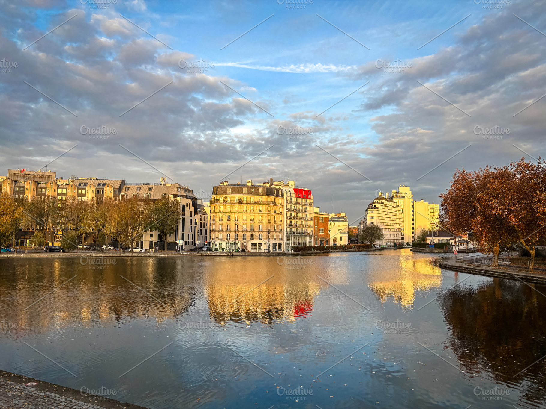 Ourcq canal sunset reflections in Paris 19th district France, an Architecture Photo by GoodGoods