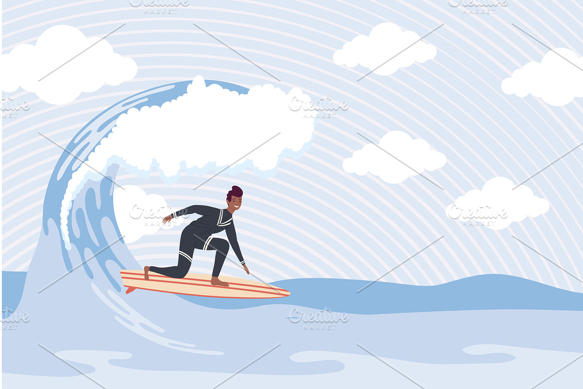 afro surfer in wave, a Sport Illustration by studiogstock