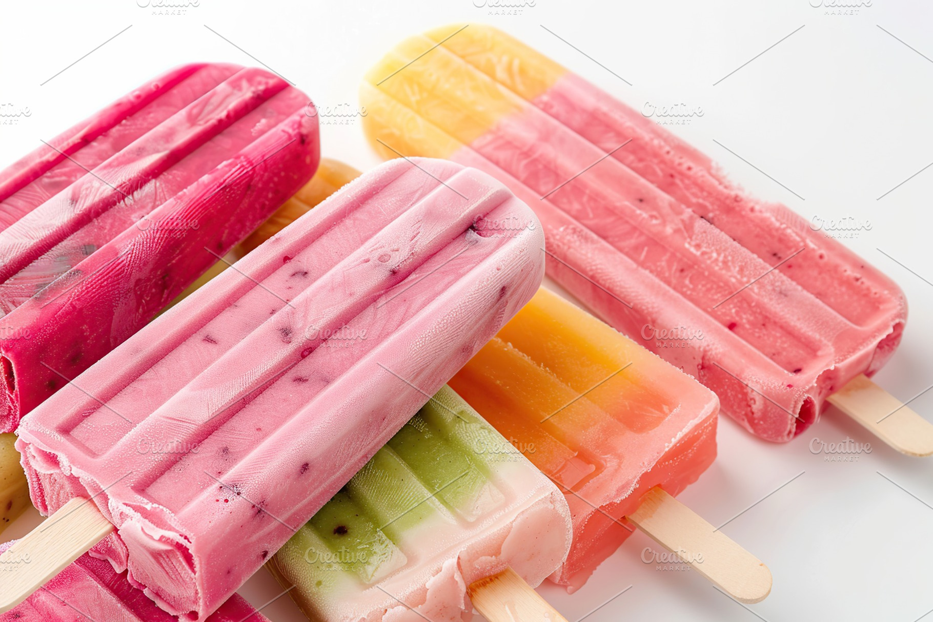 Pink ice cream popsicles on white background, a Food & Drink Photo by AlyaAnd
