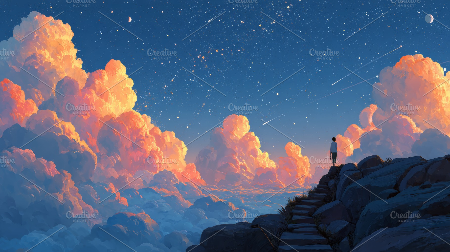 Young person standing on rocky steps above clouds at sunset under a starry sky, a Photo by AS photostudio