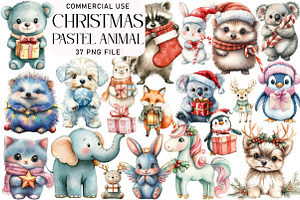 Cute Pastel Animal Christmas Clipart, an Illustration by Daily.Designs