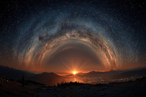 Panoramic view of milky way and sunset over mountains, an Abstract Photo by AlyaAnd