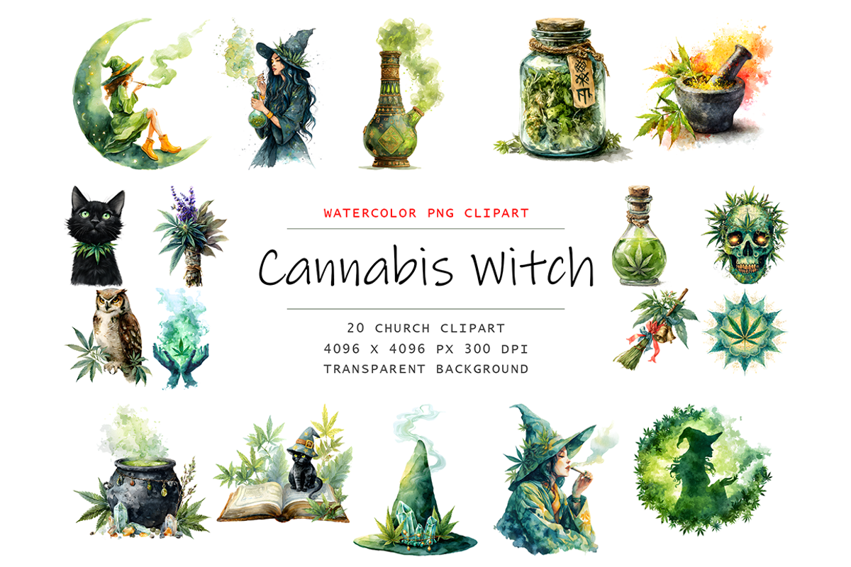 Watercolor Witches Cannabis Clipart, a Decorative Illustration by stickermadness (Photo 1 of 4)
