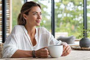 Smiling woman in white blouse sit, a Food & Drink Photo by MistyDay