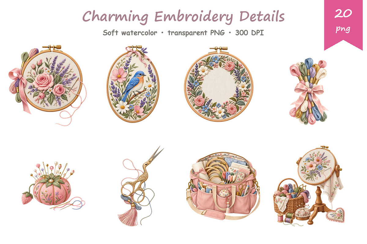 Watercolor Embroidery Clipart, a Decorative Illustration by BerryPieArt (Photo 3 of 4)