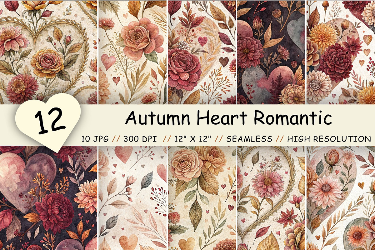 Autumn Heart Romantic Digital Paper, a Pattern Graphic by FloridPrintables (Photo 1 of 9)