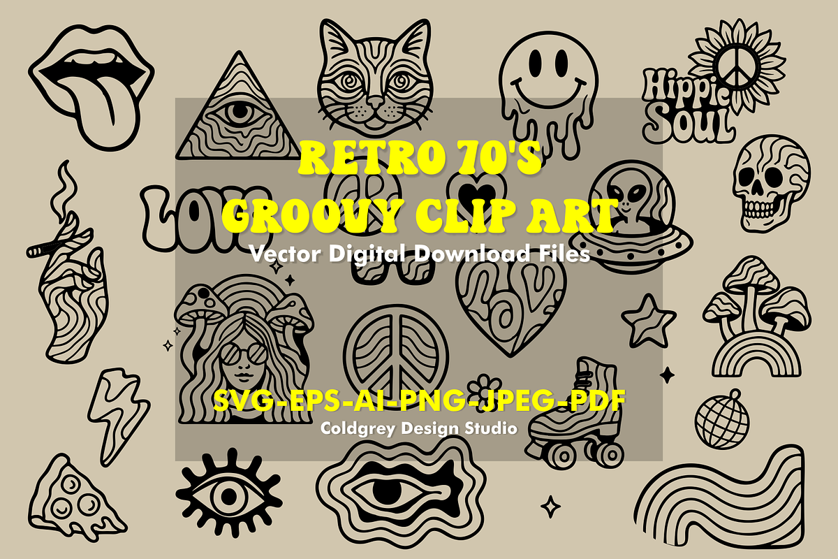 Retro 70s Groovy Clip Art Set, a Pattern Graphic by Coldgrey Design Studio (Photo 2 of 6)