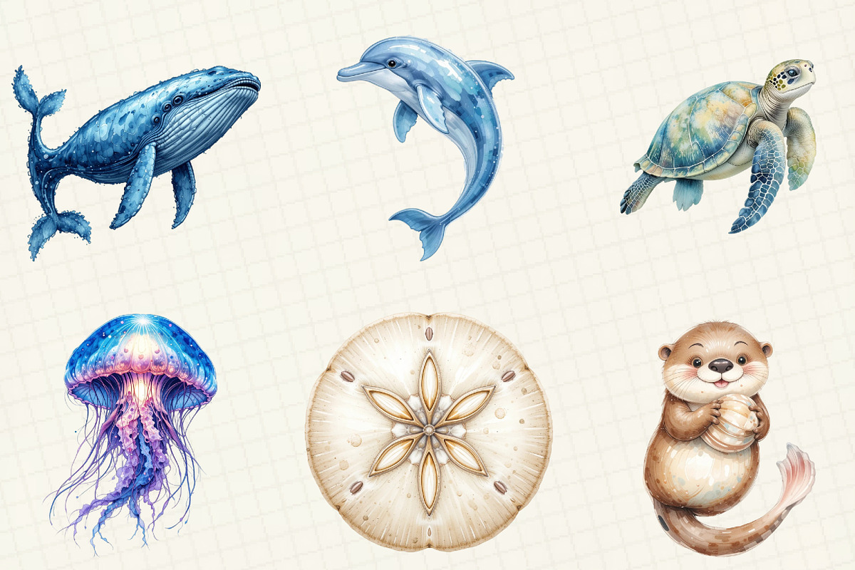 Watercolor Sea Animal Clipart, a Work Illustration by OK Design (Photo 2 of 5)