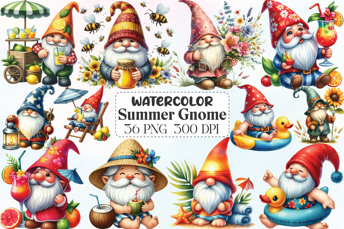 Watercolor Summer Gnome Clipart, an Illustration by CraftArtStudio (Photo 1 of 6)