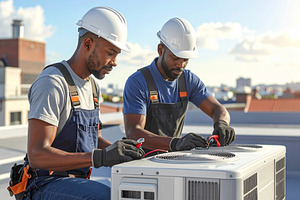 Technicians at rooftop installing air conditioner, an Industrial Photo by DanFLCreativo