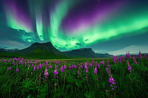 Northern lights illuminate a vibrant landscape with flowers under a starry sky, a Nature Photo by AlyaAnd