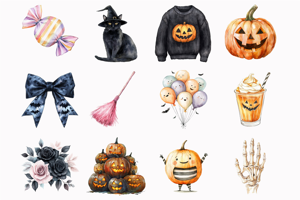 Watercolor Cute Halloween Clipart, an Illustration by Design Market (Photo 2 of 5)