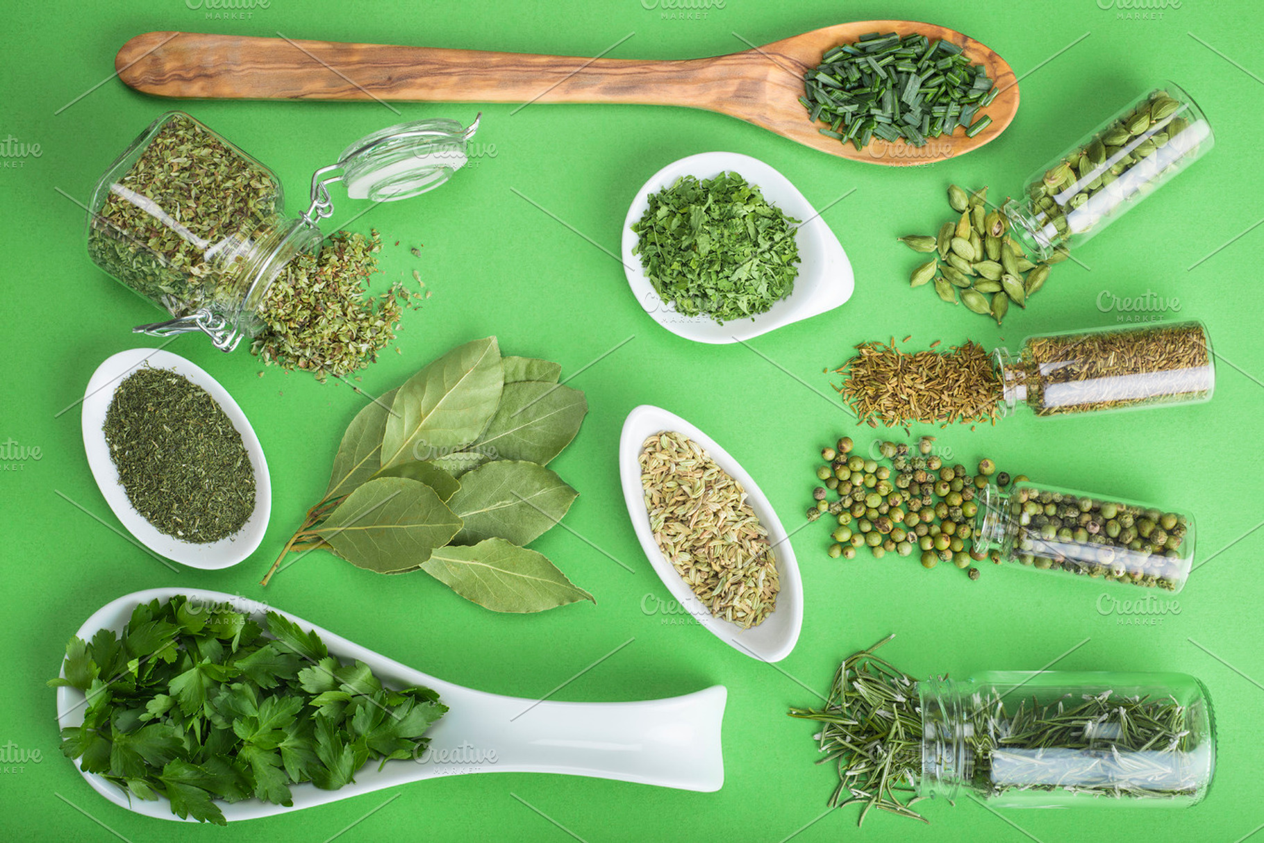 Green herbs and spices stock photo containing spices and herbs and green, a Food & Drink Photo by Angel Simon Photography