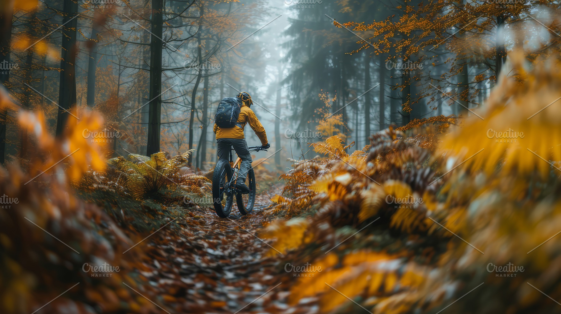 Mountain Biker Riding Through Misty Autumn Forest Trail, a Photo by AS photostudio