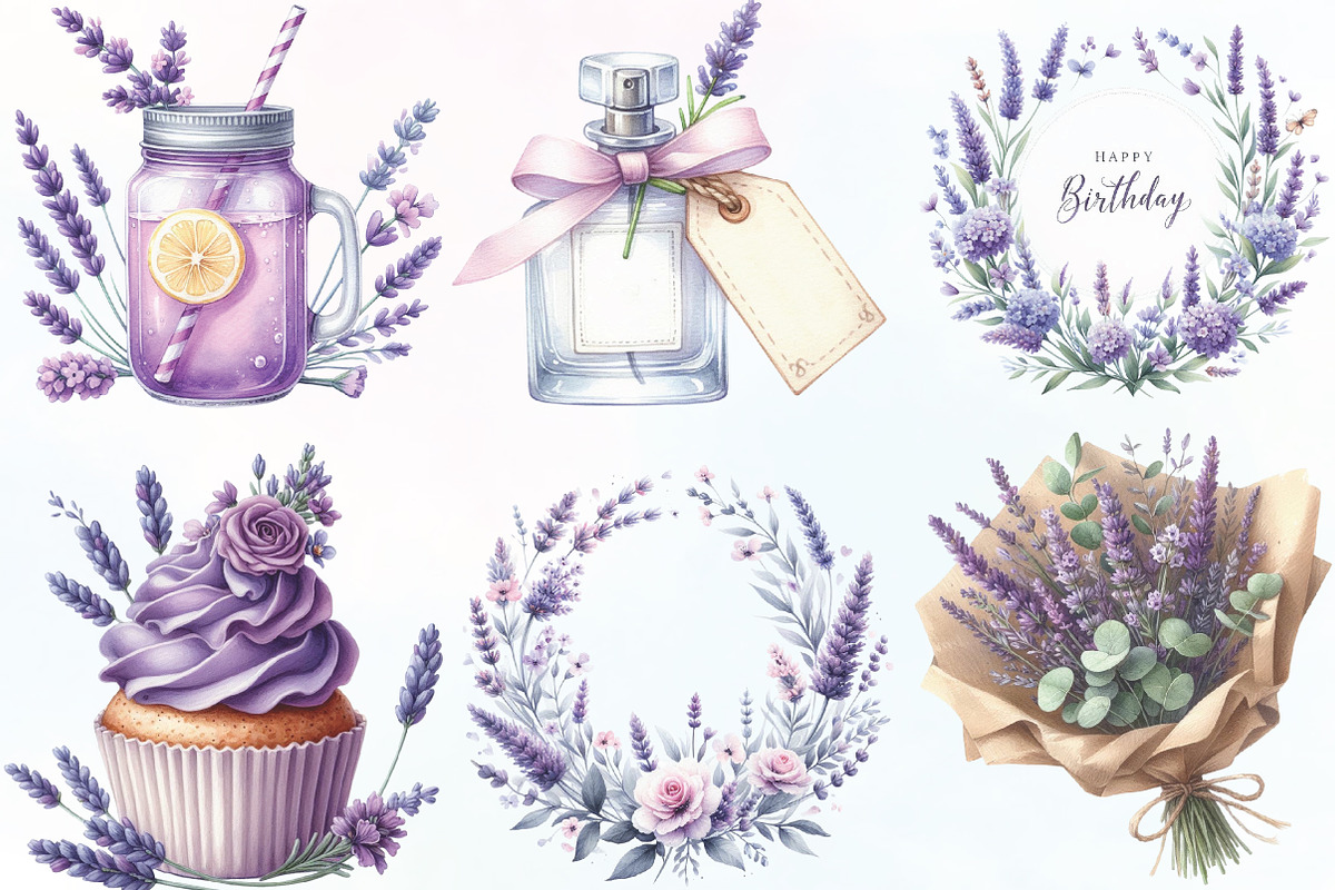Lavender Floral Birthday Clipart, an Illustration by CraftArtStudio (Photo 2 of 5)
