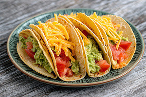 Vegetarian tacos with guacamole, cheese and tomatoes on a plate, a Food & Drink Photo by AlyaAnd