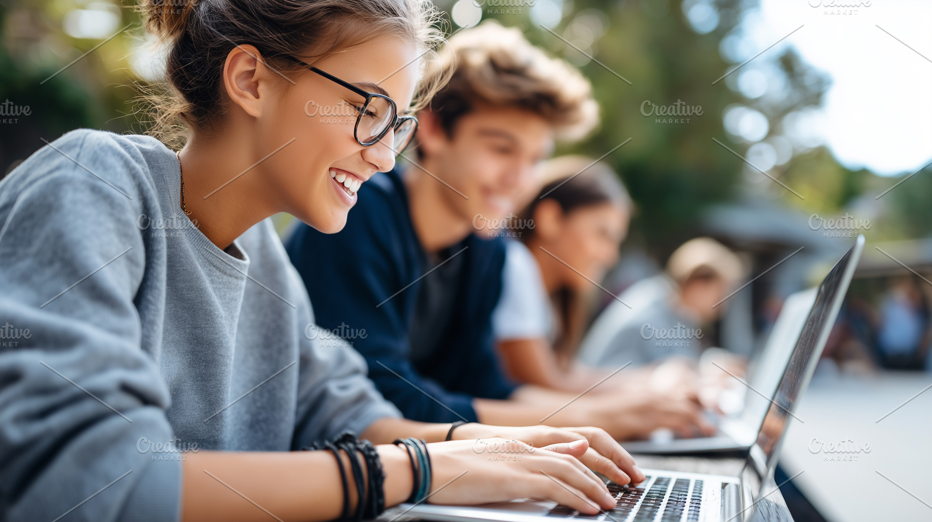Group of smiling students studying, a School & Education Photo by MistyDay