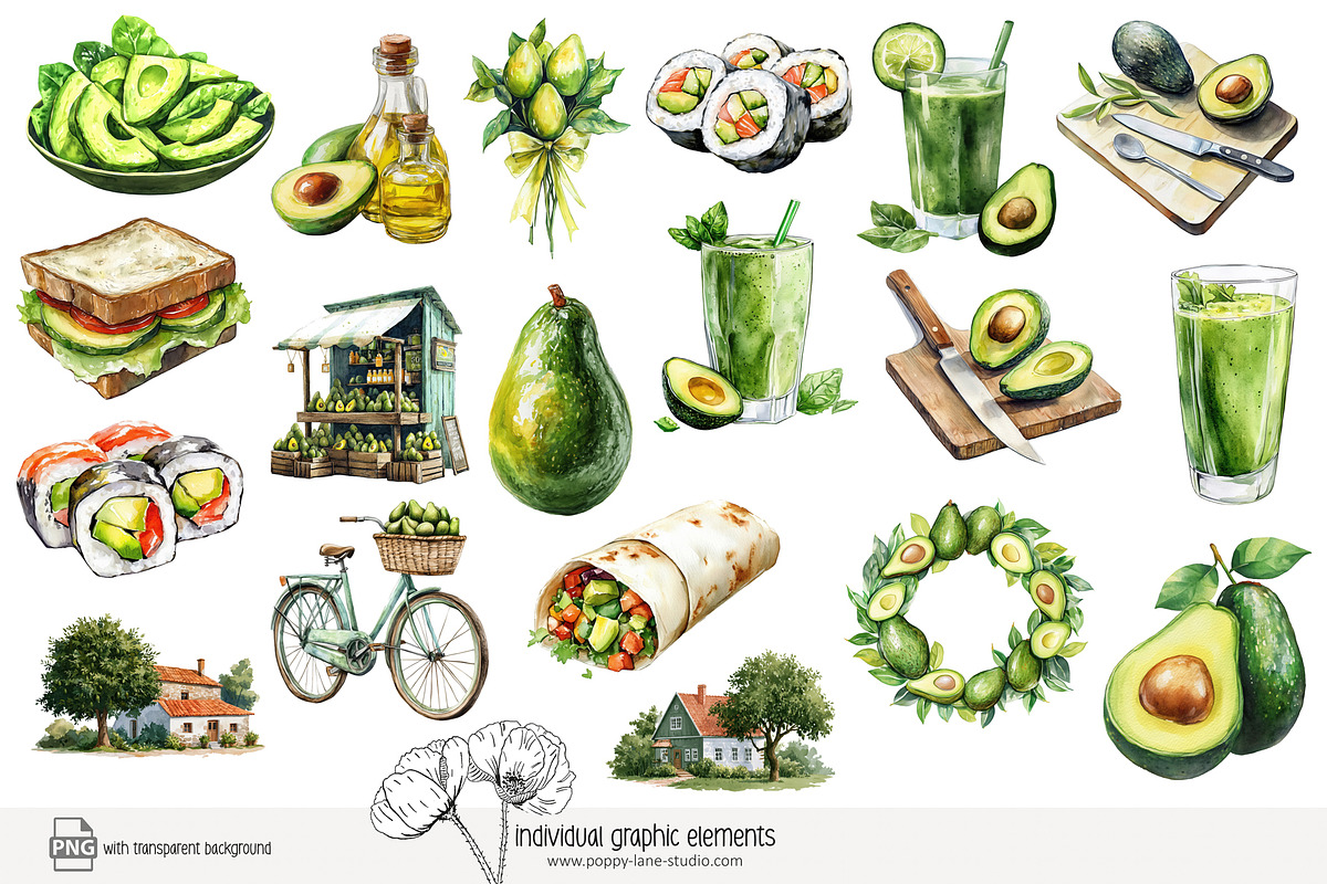 100 avocado clip art, a Food Illustration by Poppy Lane Studio (Photo 6 of 12)