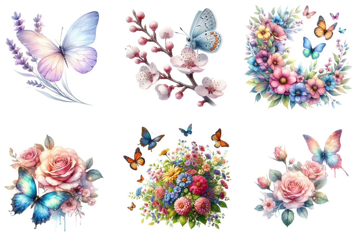 Butterfly Flowers Watercolor Clipart, an Illustration by DreamArtGraphic (Photo 4 of 4)