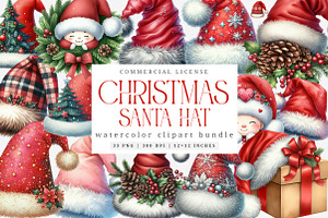 Watercolor Santa Hat Clipart Bundle, an Illustration by SinaCreation