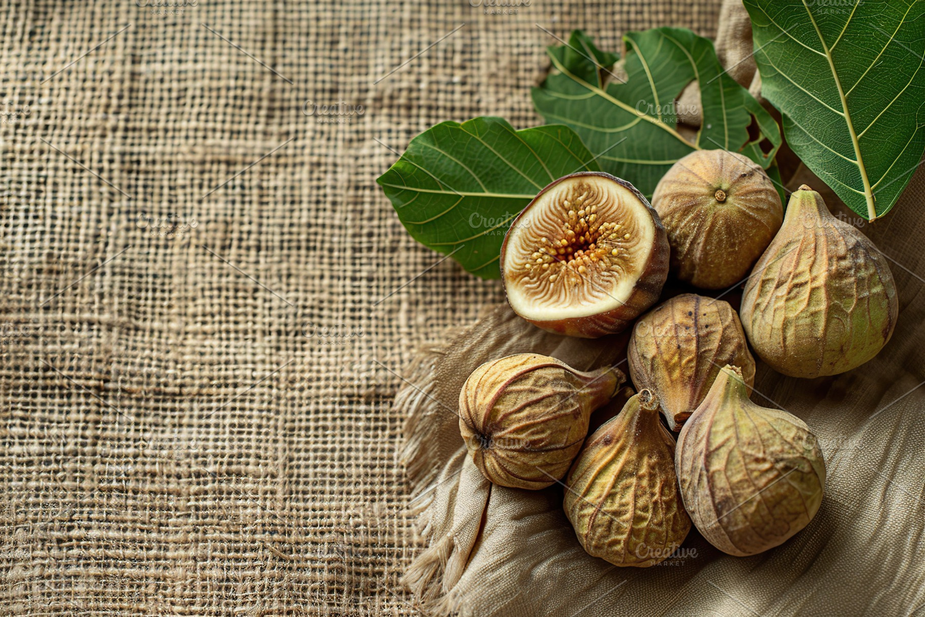 Dried figs fruit with green leafs on sackcloth background, a Food & Drink Photo by AlyaAnd