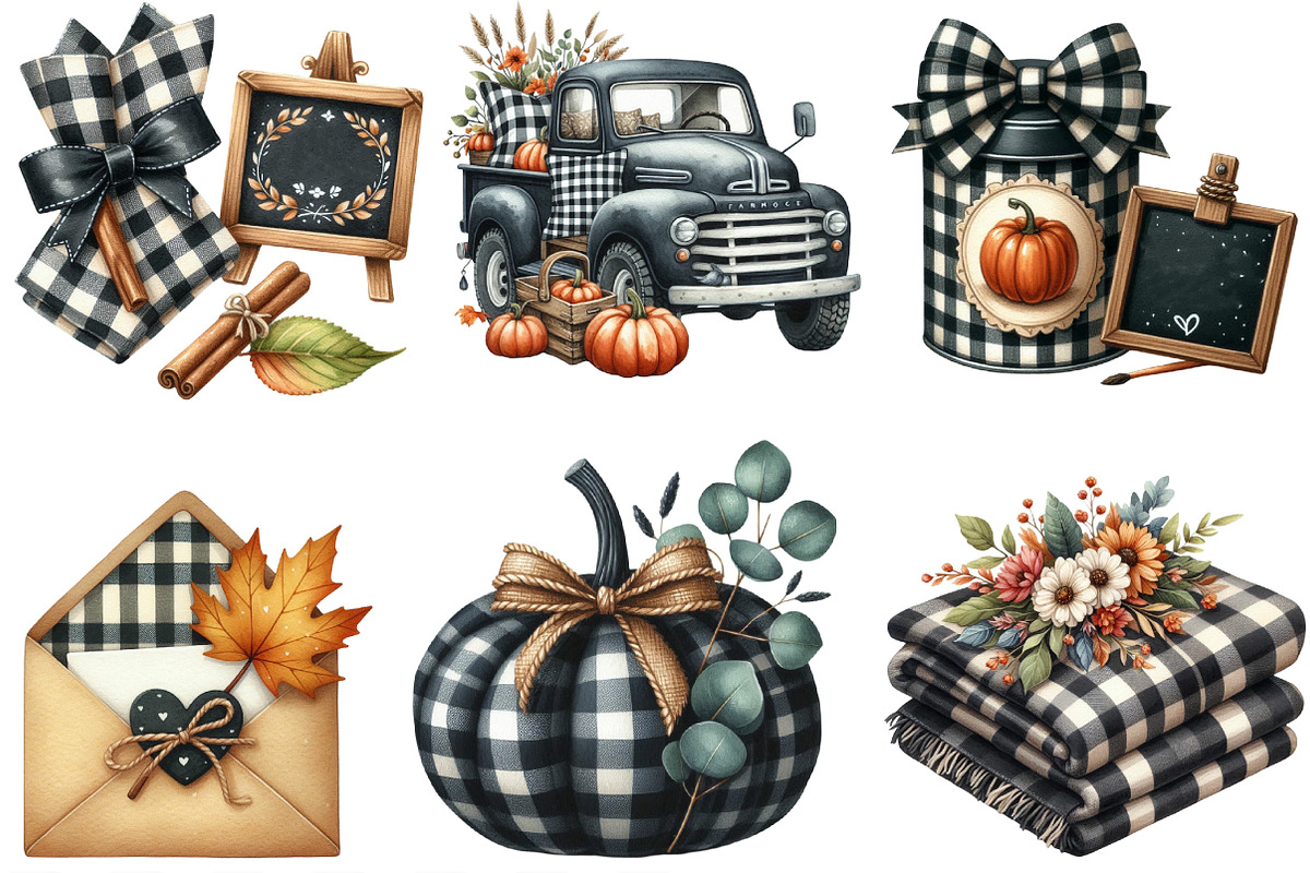 Watercolor Black Gingham Autumn PNG, an Illustration by Designking (Photo 3 of 4)