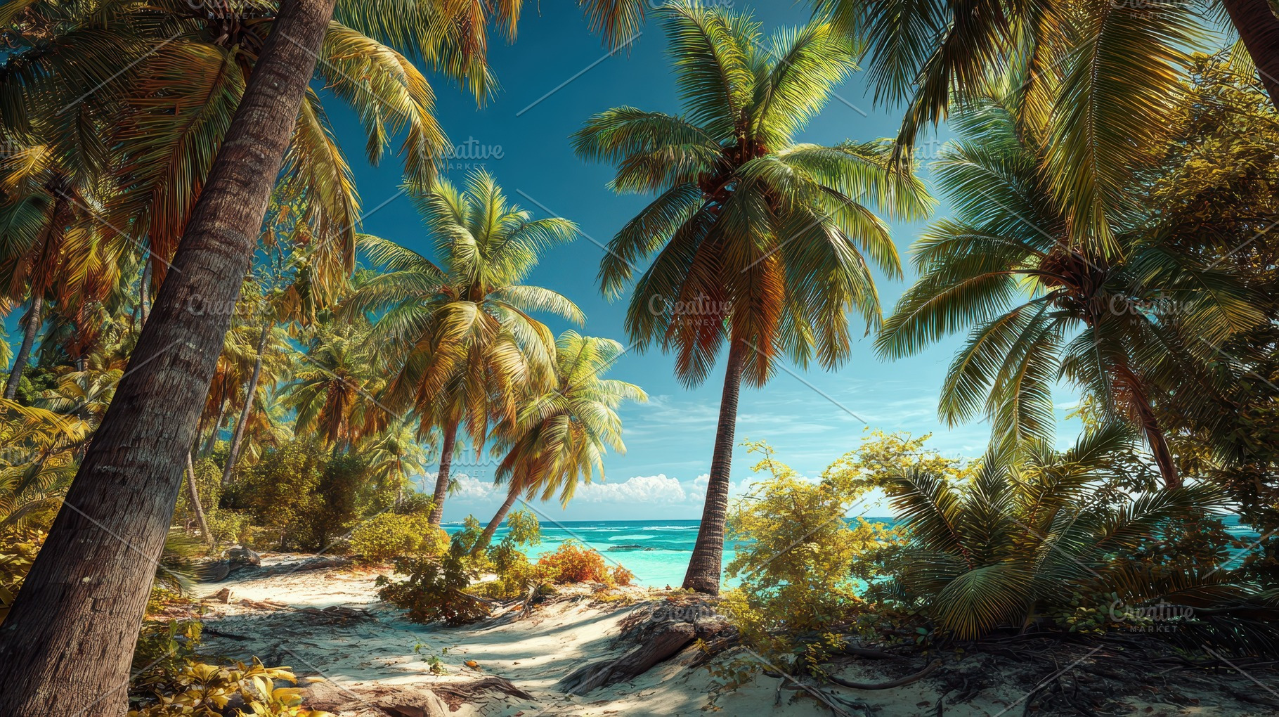 Tropical scene with tall palm trees, a Photo by Pavel_design