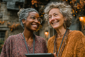 Two women smiling warmly in a cozy outdoor autumn setting, a Health & Medical Photo by AS photostudio