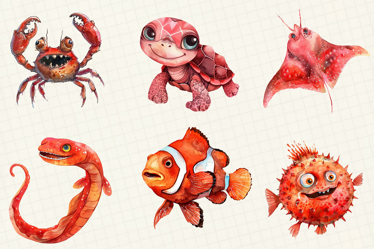 Red Ocean Animals Clipart, an Illustration by OK Design (Photo 4 of 5)