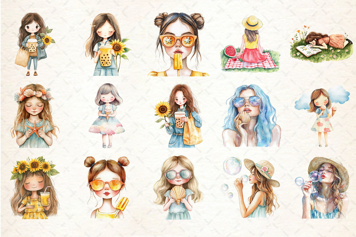 Whimsical Summer Girl Clipart, an Illustration by Rose Art (Photo 2 of 6)