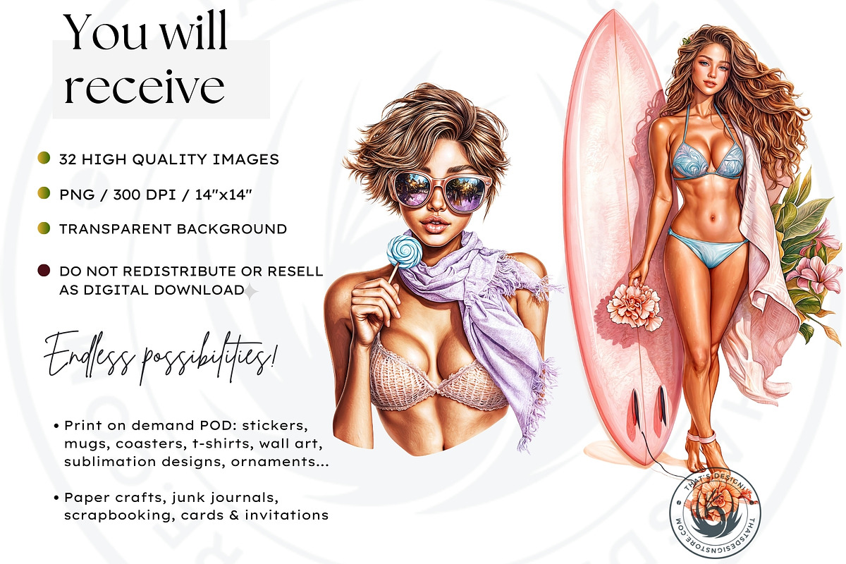 Dreamy Summer girls Clipart Set, a Person Illustration by ThatsDesignArt (Photo 2 of 10)