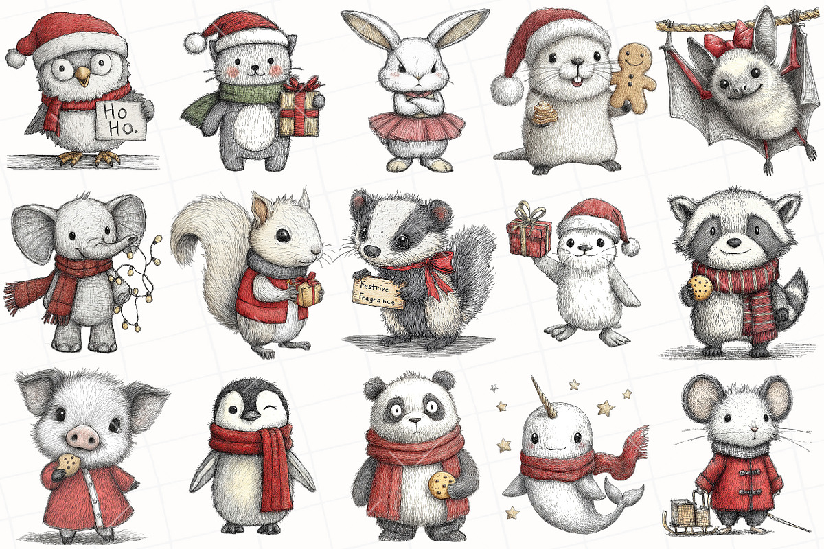 Hand-Drawn Christmas Animals Clipart, an Illustration by OK Design (Photo 3 of 6)