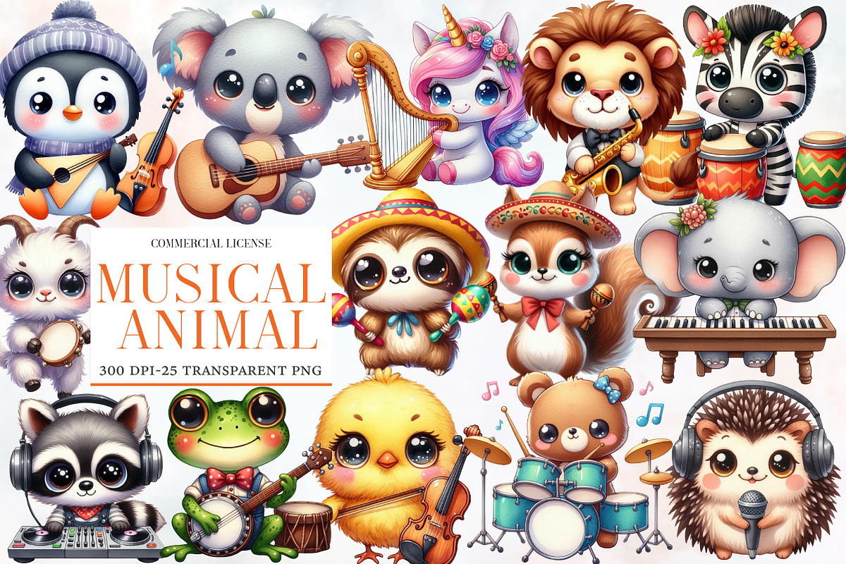 Kawaii Musical Animal Clipart Bundle, an Illustration by Designworld (Photo 1 of 6)