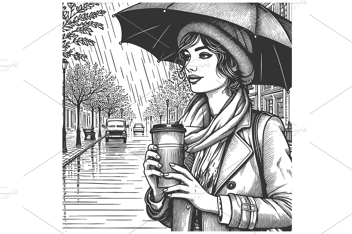 Woman with Umbrella Drinking Coffee, a Person Illustration by AlexArt