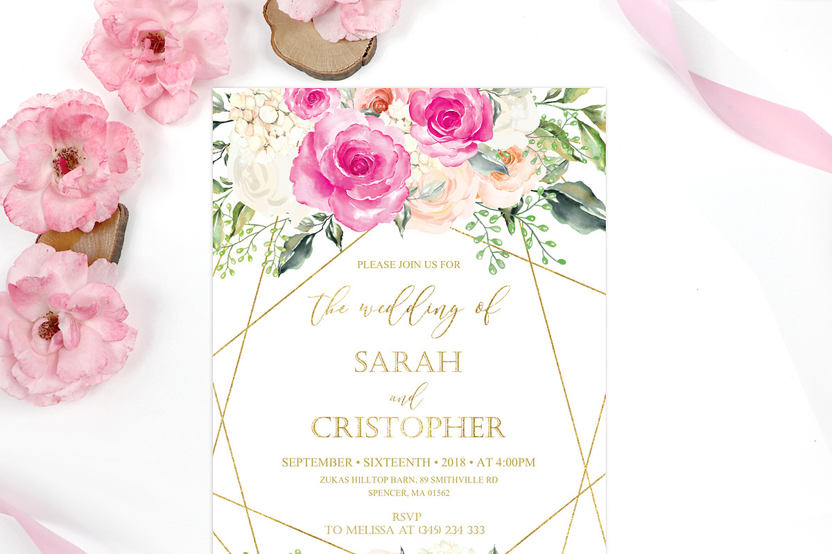 Hot Pink and Gold Blush Pink Roses, an Invitation Template by DreamsClipArt (Photo 4 of 4)