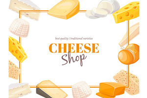 Cheese types frame. Delicious food, a Food Illustration by YummyBuum