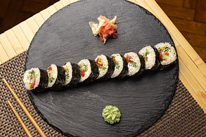 Freshly made vegan sushi rolls, a Photo by Grafvision photography