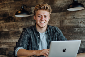 Cheerful young man working on laptop, a Photo by Pavel_design