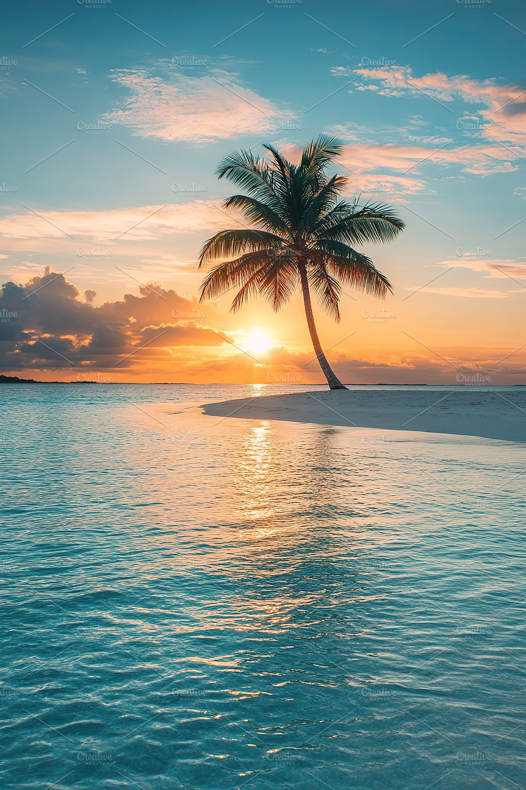 Sunset over serene island with palm trees and calm ocean waters, a Nature Photo by AlyaAnd
