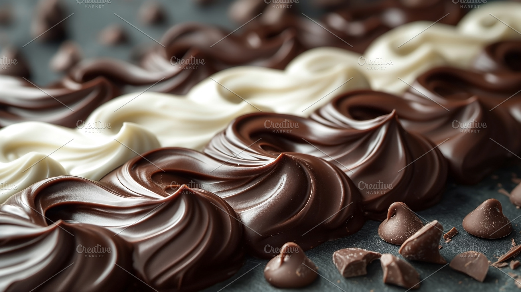 An enticing display of dark and white chocolate swirls, highligh, a Food & Drink Photo by ImageMir