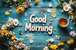 Inscription Good Morning with spring flowers and cup of hot tea, a Background Photo by AlyaAnd