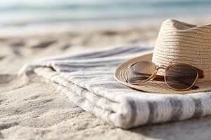 Straw hat and sunglasses resting on, a Nature Photo by MistyDay