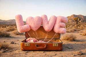 love balloons in an open suitcase, generative AI, a Photo by Nito