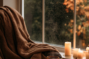 Cozy autumn reading nook with pumpkin and candles, a Food & Drink Photo by José Manuel Gelpi